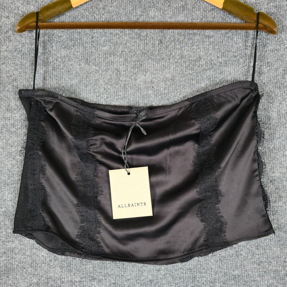 Allsaints Morgan Top Black Satin Lace Trim Smocked Corset Style Size 10